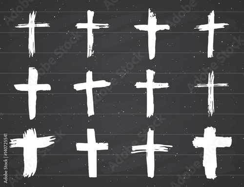 Grunge hand drawn cross symbols set. Christian crosses, religious signs icons, crucifix symbol vector illustration