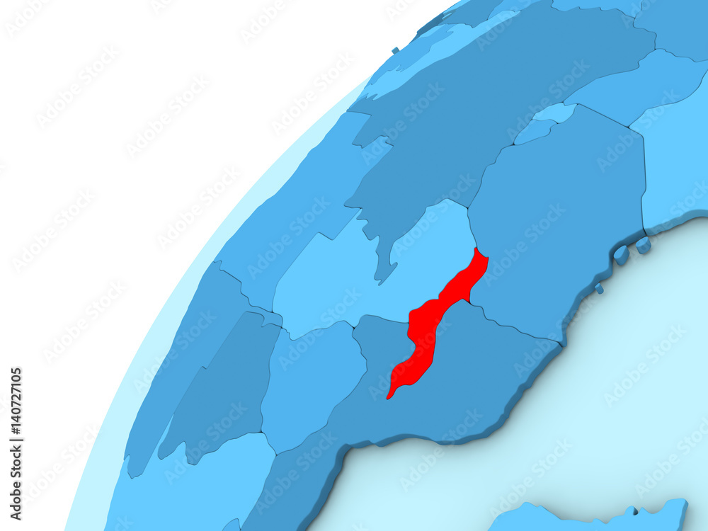 Malawi in red on blue globe