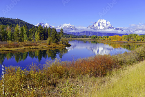 Autumn foliage in the Teton Range with reflection in calm water, Rocky Mountains, Wyoming, a popular destination for RV trips.