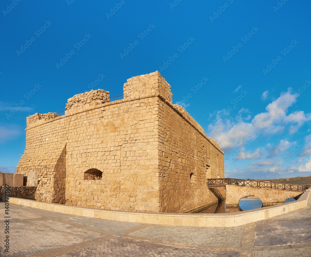Pafos Harbour Castle in Pathos city on Cyprus, panoramic image