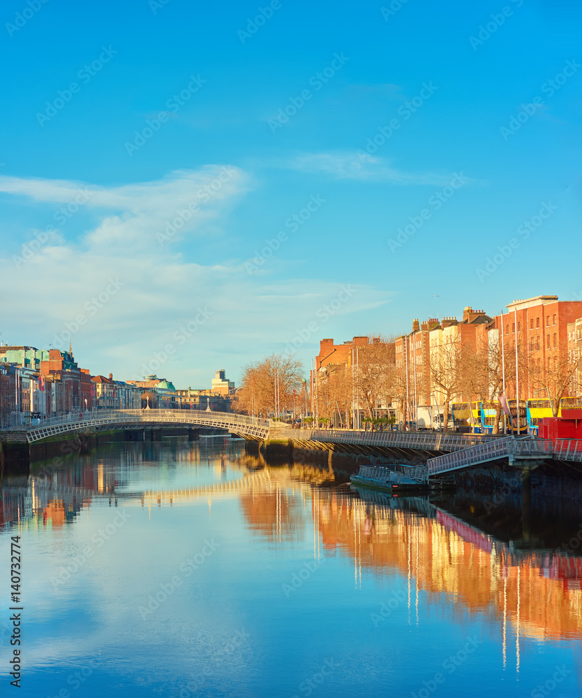 Dublin, panoramic image of Half penny or Ha'penny bridge