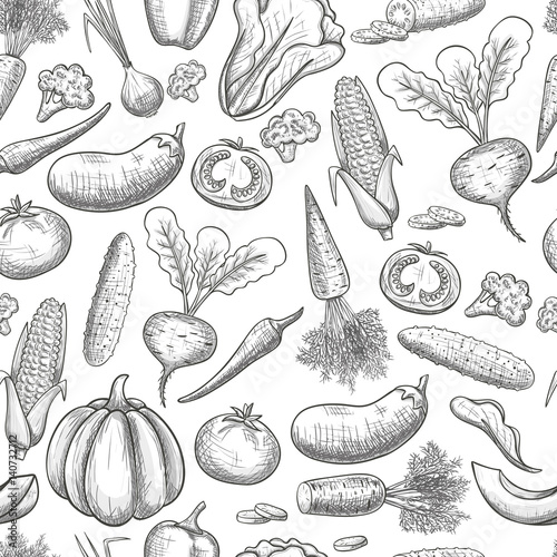 Monochrome sketch style seamless pattern of vegetables . Eco organic fresh template with vegetables for the decoration of menu. Vector. photo