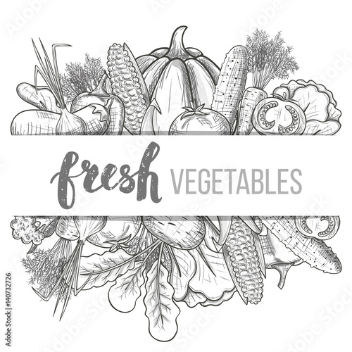 Monochrome sketch style set of vegetables icons. Eco organic fresh template with vegetables for the decoration of menu. Vector.