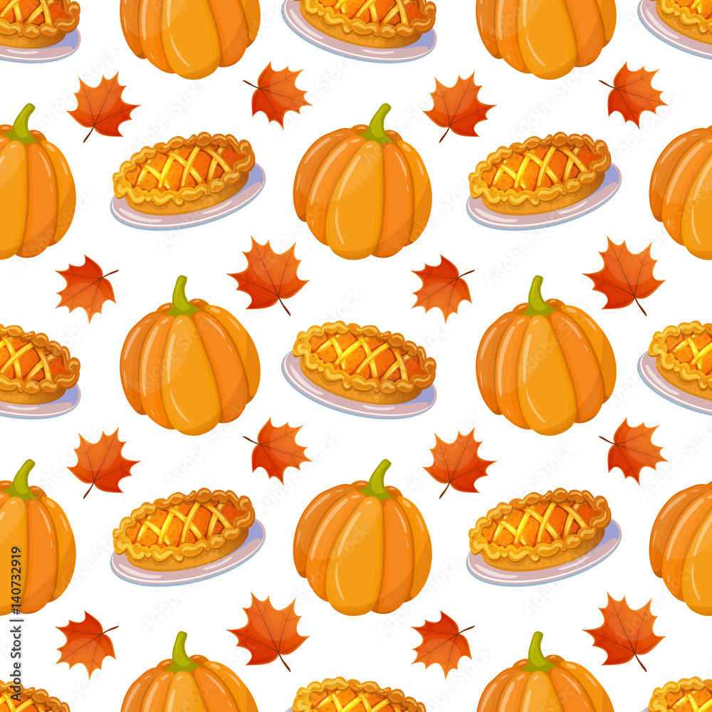 Colorful cartoon seamless pattern with pumpkin and leaves. Vector.