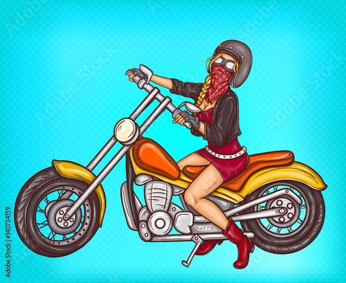 Vector pop art pin up illustration of a sexy biker girl in leather jacket sitting on a motorcycle