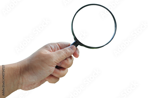 hand holding magnifying glass on white background and clipping path