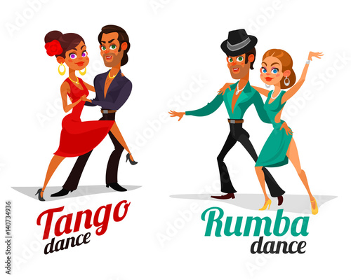 Two vector cartoon illustrations of a couples dancing tango and rumba isolated on white background. Element for the advertising poster of the school of dance, competitions in Latin American dances