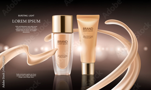 Vector 3D cosmetic illustration for the promotion of foundation premium product. Colorstay make-up in glass bottle and tube.