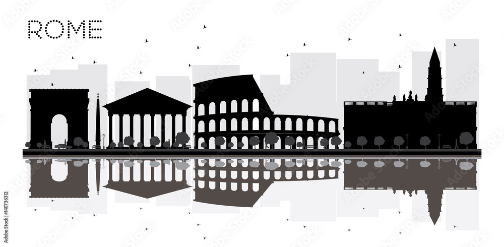 Rome City skyline black and white silhouette with reflections.