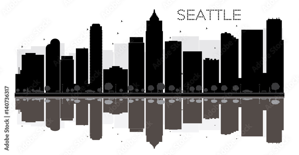 Obraz premium Seattle City Skyline czarno-biała sylwetka z odbiciami.