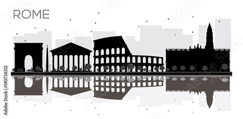 Rome City skyline black and white silhouette with reflections.