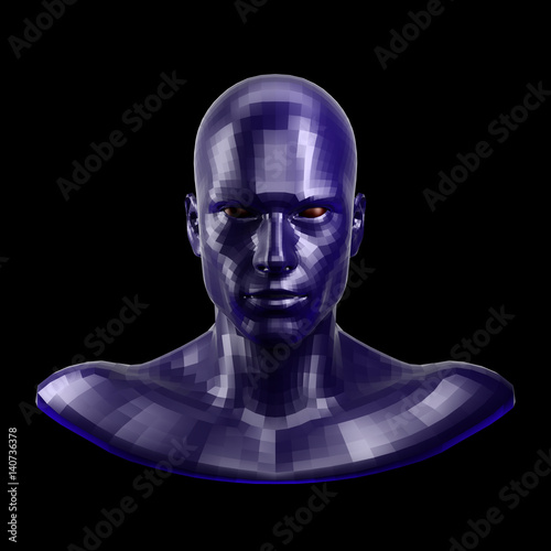 3D rendering. Faceted blue robot face with red eyes looking front on camera.