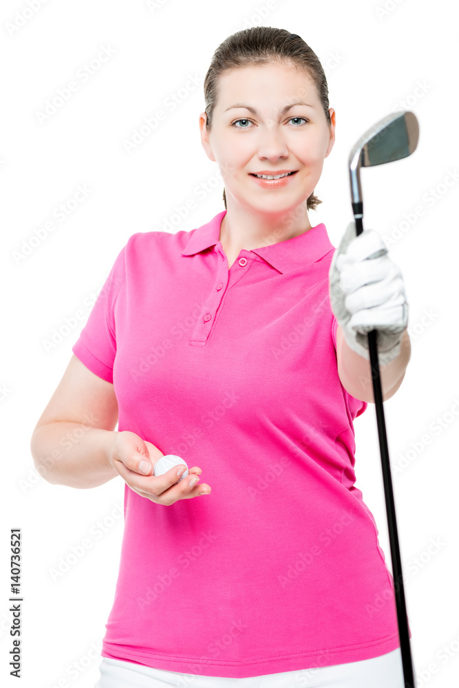 Woman golfer holding a stick and a ball on a white background Woman golfer holding a stick and a ball on a white background