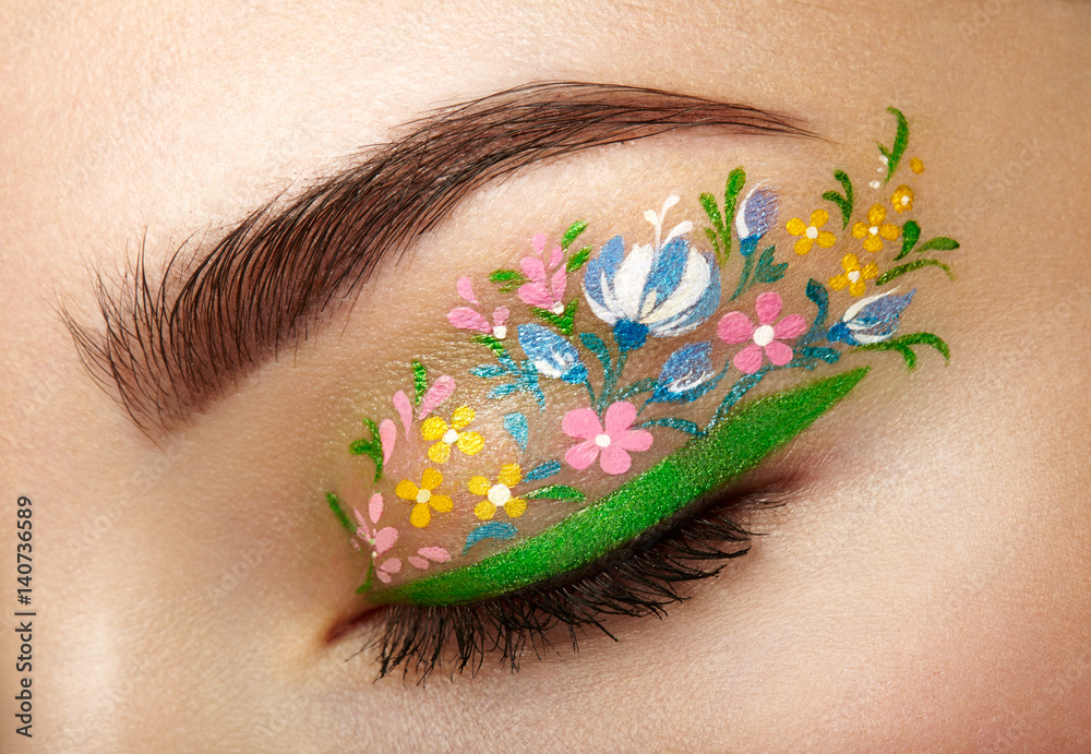 Eye makeup girl with a flowers. Spring makeup. Beauty fashion. Eyelashes.  Cosmetic Eyeshadow. Make-up detail. Creative woman holiday make-up Stock  Photo | Adobe Stock