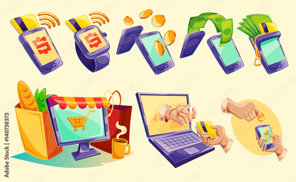 Vector cartoon illustration devices for e-payments. Icons of mobile phones, laptop, wristwatches showing the ease and convenience of online payments Vector cartoon illustration devices for e-payments. Icons of mobile phones, laptop, wristwatches showing the ease and convenience of online payments