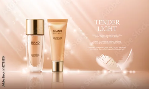 Obraz Vector 3D cosmetic illustration for the promotion of foundation premium product. Colorstay make-up in glass bottle and tube on a soft beige background with a feather