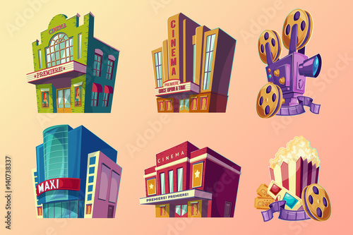 Set of vector isometric illustration of buildings ancient and modern cinema, film projector, popcorn in cartoon style