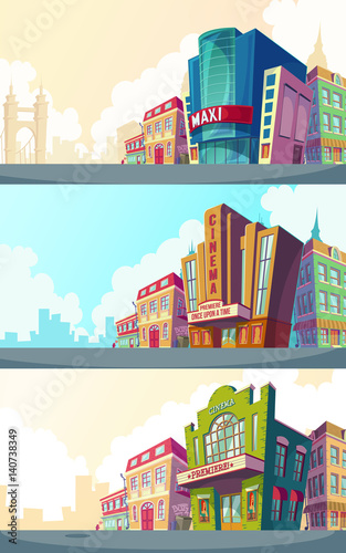 Set vector cartoon illustration of an urban landscape with the buildings of old and modern cinemas. A collection of cartoon banners for advertising