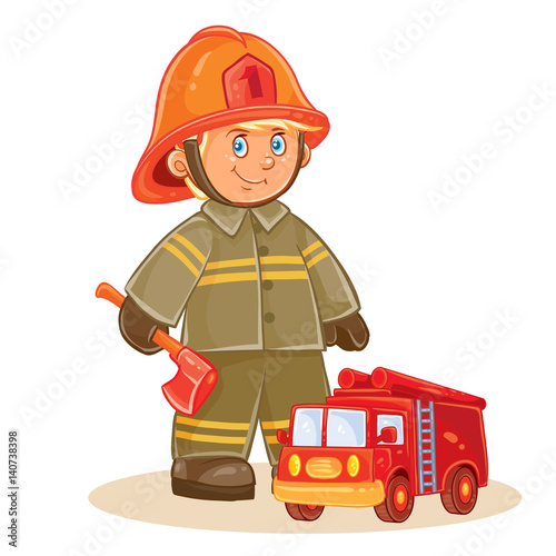 Vector icon of small child firefighter in fire protection suit and his machine. Design element, print for t-shirt