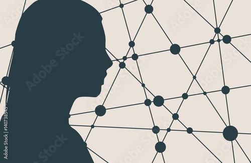 Silhouette of a woman's head. Mental health relative vector brochure, report or flyer design template. Scientific medical designs. Molecule And Communication Background. Connected lines with dots.