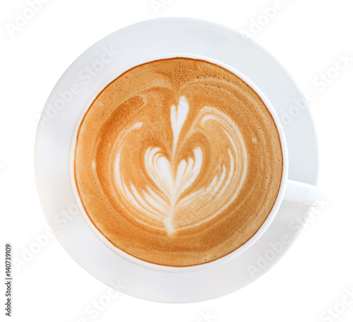 Top view hot coffee latte art isolated on white background, clipping path included