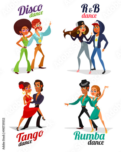 Set vector cartoon illustrations of a couples dancing tango, rumba, disco and hip hop isolated on white background. Element for the advertising poster of the school of dance, competitions in dances