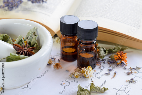 Obraz na plátně herbal medicine with essential oils on science shhet