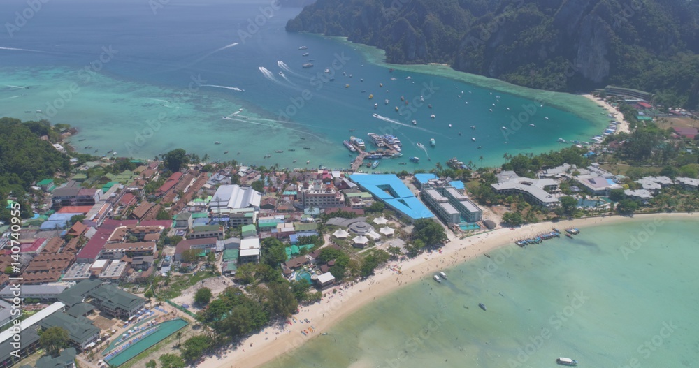 Aerial drone photo of iconic tropical beach and resorts of Phi Phi island, Thailand
