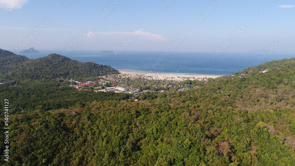 Aerial drone photo back view of Loh Lana Bay, part of iconic tropical Phi Phi island, Thailand
