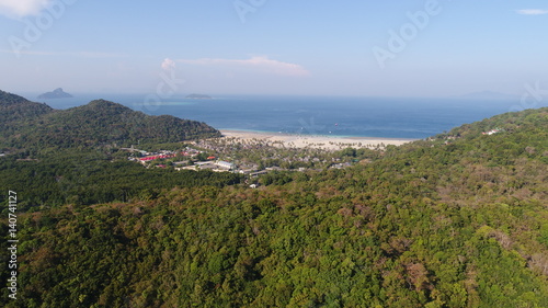 Aerial drone photo back view of Loh Lana Bay, part of iconic tropical Phi Phi island, Thailand