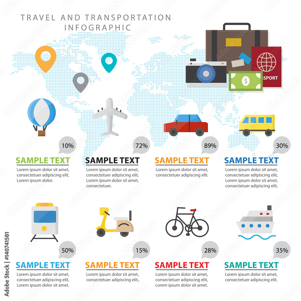 Colourful Travel Infographic Elements and Transportation Concept For Business and Presentations Design Flat Style Colourful Travel Infographic Elements and Transportation Concept For Business and Presentations Design Flat Style