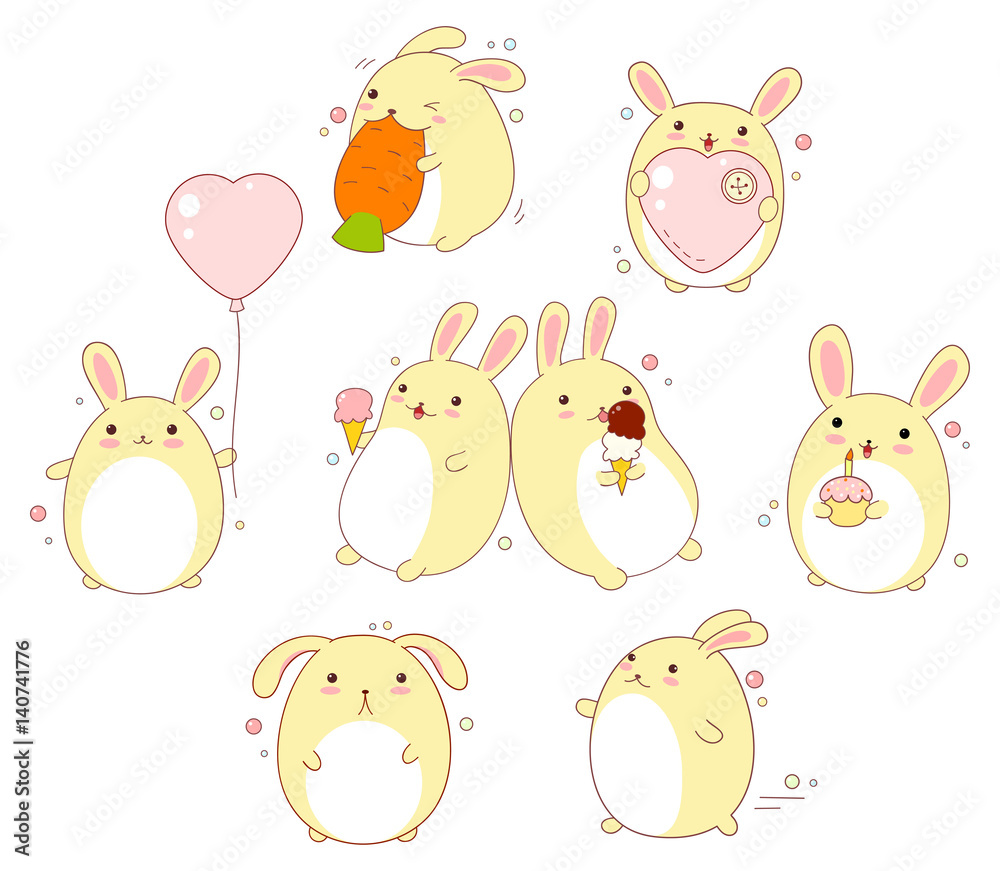 Fototapeta premium Set of cute rabbits in kawaii style