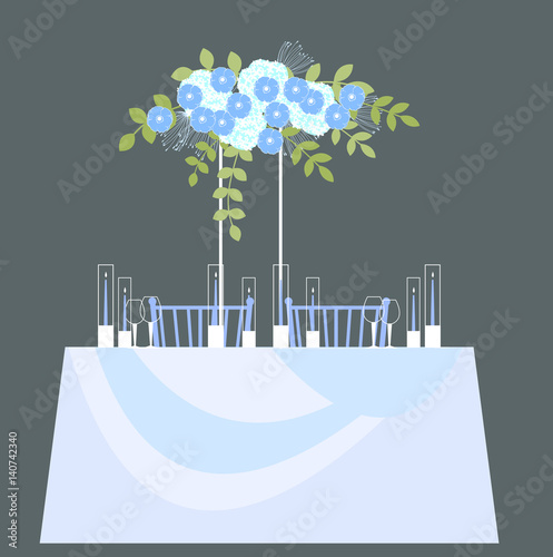 Wedding table decoration. Table for bride and groom. Vector illustration.
