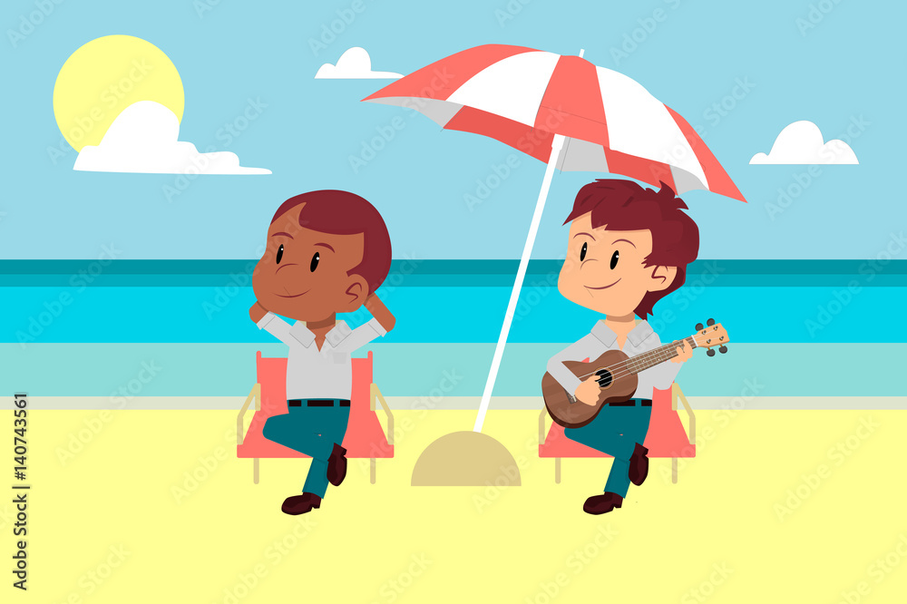 Motivated employees sunbathing on the beach, play the ukulele. spring break