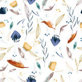 Floral seamless pattern. Hand drawn flowers and feathers on white background. Beautiful spring wrapping paper. Vector illustration.