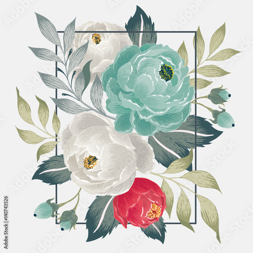  Vector illustration of a beautiful floral bouquet with frame in spring for Wedding, anniversary, birthday and party. Design for banner, poster, card, invitation and scrapbook 				