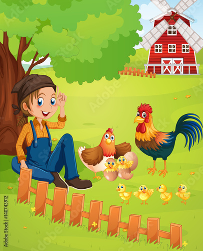 Farmer and chickens on the farm