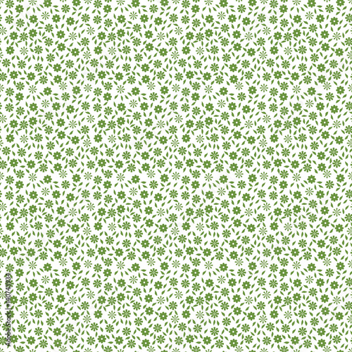 Simple cute seamless pattern with small flowers and leaves. Vector illustration for printing on textile, fabric, wrapping, packing. One color - green on white  Style Millefleurs.