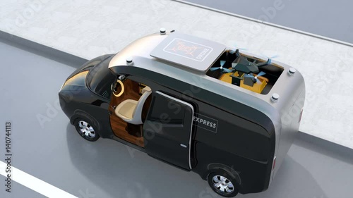Drone landing to a delivery van. 3D rendering animation.