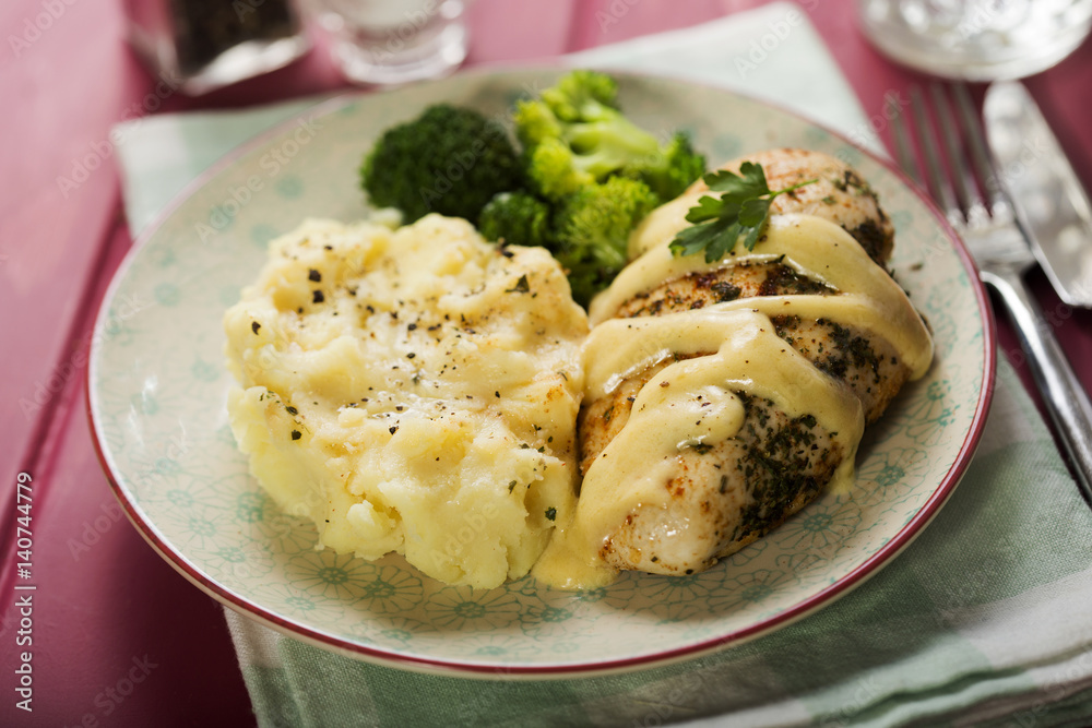 Creamy italian chicken with mashed potatoes and broccoli