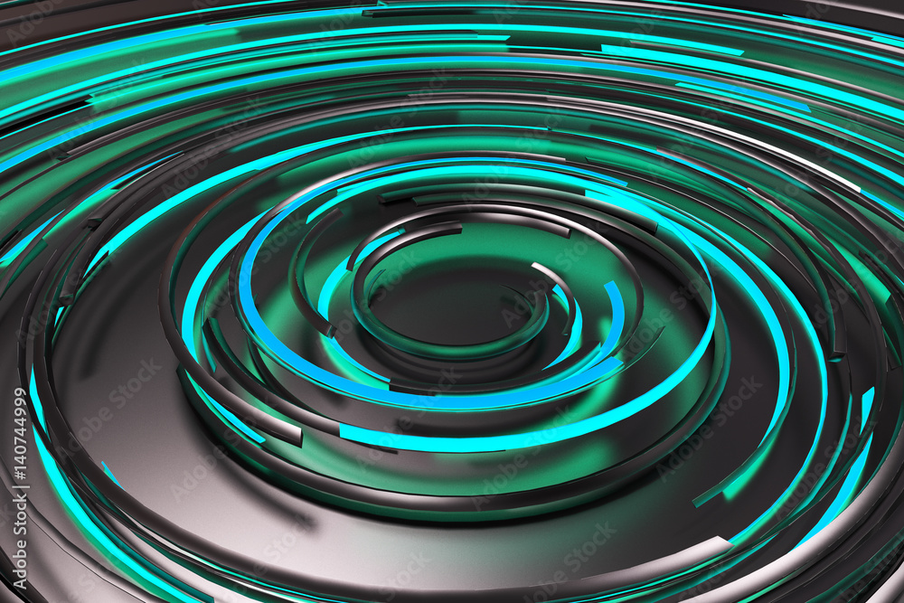 Black concentric spiral with blue glowing elements on black background Black concentric spiral with blue glowing elements on black background
