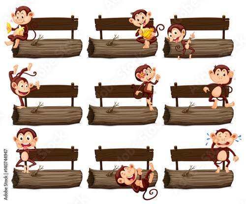 Wooden sign and many monkeys on log
