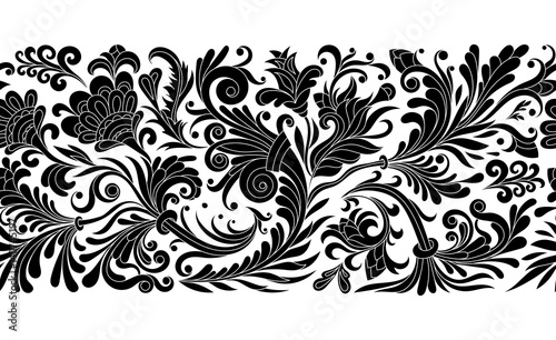 Vintage floral baroque seamless border with blooming magnolias, rose and twigs, roses vector illustration, flower pattern