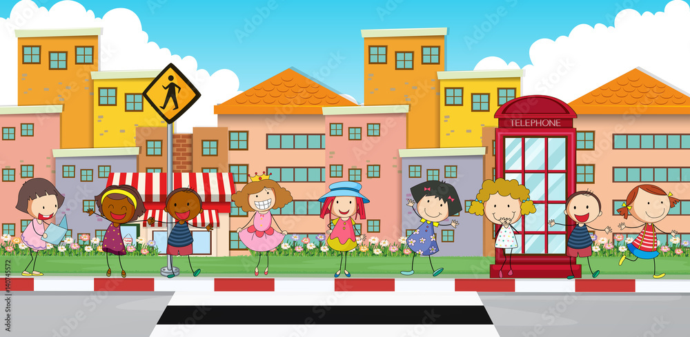 Happy children standing on sidewalk Happy children standing on sidewalk