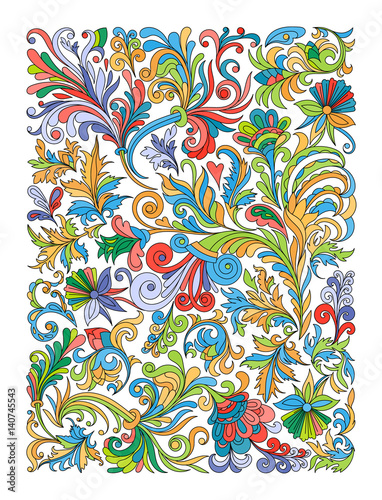 Ethnic colored floral zentangle, doodle background pattern rectangle in vector.