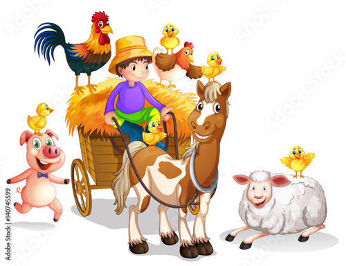 Farmer and many farm animals