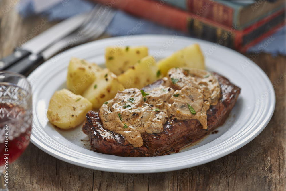 Steak with stroganoff mushroom sauce