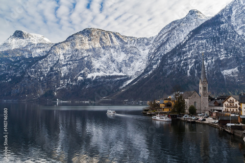 Hallstatt, Austria. Scenic view of the landscape of the mountains and the famous Austrian Village.