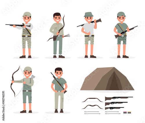 Hunter, huntsman, gamekeeper, forester and archer elements collection with weapons and various people actions. Vector illustration in flat style