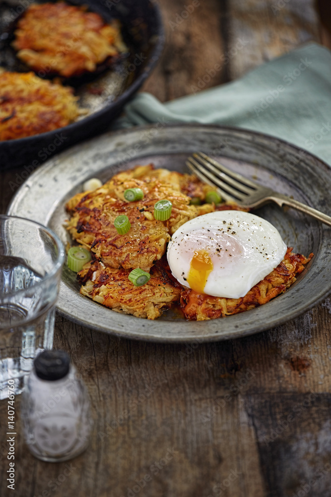 Vegetable pancakes with scallions and poached egg
